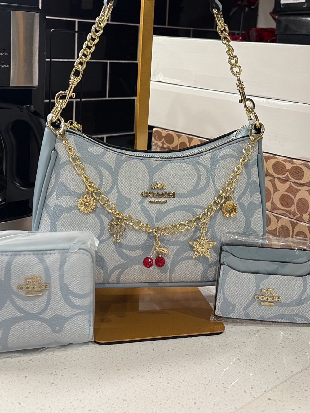 Coach Pale Blue Signature Canvas Shoulder Bag with Gold Charm Chain
